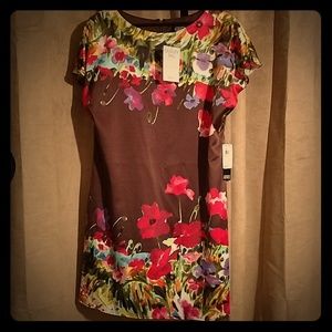NWT Adrianna Papell Brown Floral Shift Dress